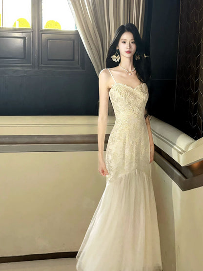 Elegant Mermaid Spaghetti Strap Gold Lace 18th Birthday Gown For Women Party Dresses Holiday Beach Outfits MP222