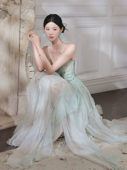 French Style Casual A Line Spaghetti Strap Green Chiffon Floral Ideas For Women 21st Impress Birthday Dress Evening Night Outfit MP130