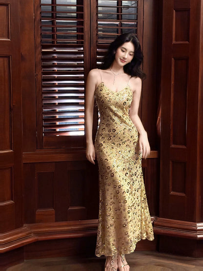 Robe de soirée à paillettes dorées pour femme, tenue de soirée à bretelles spaghetti, idéale pour un 21e anniversaire, MP099