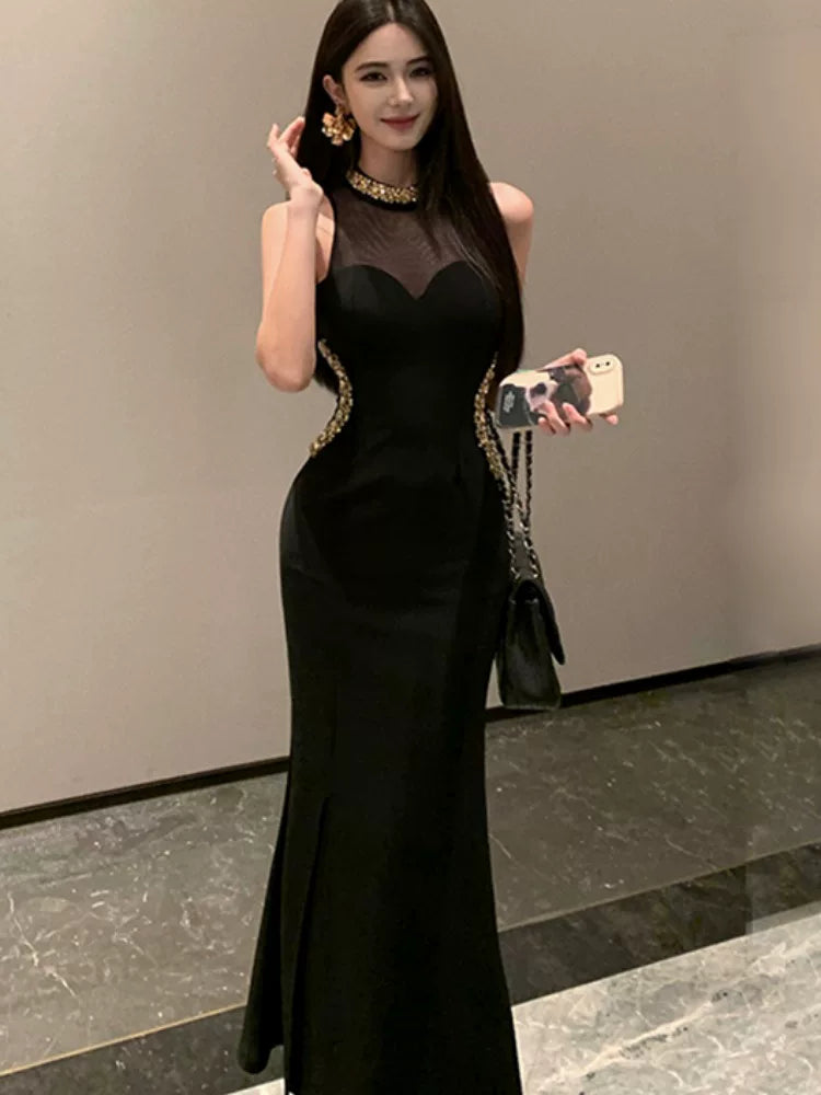 Robe de soirée longue sirène sexy à col haut noir avec perles dorées pour femmes Tenues de soirée MP177