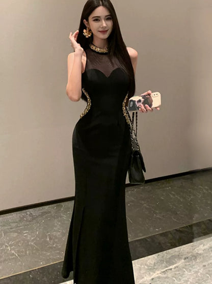 Robe de soirée longue sirène sexy à col haut noir avec perles dorées pour femmes Tenues de soirée MP177