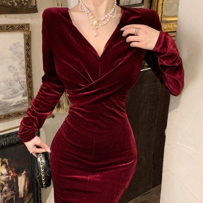 Robes de soirée en velours à col en V sexy pour femmes, robe de soirée longue, tenues de soirée MP174