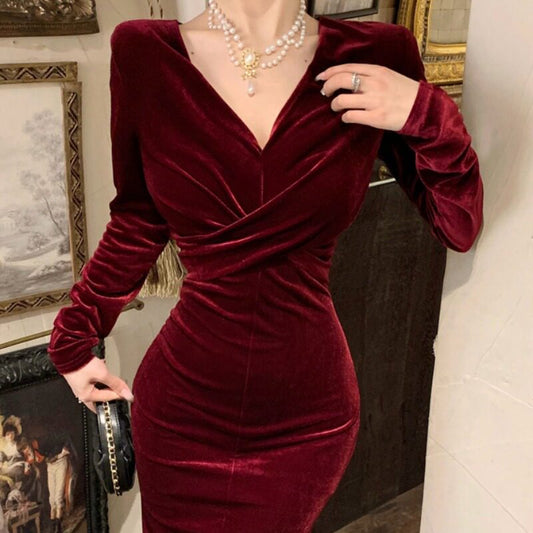 Sexy Mermaid V Neck Velvet Wedding Guest Dresses For Women Spring Party Dresses Long Night Evening Outfits MP174