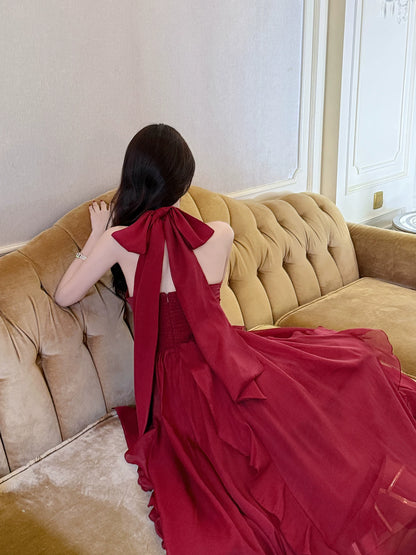 Simple A line French Style Halter Red Chiffon Ideas For Women 18th Impress Birthday Dress Evening Night Outfit MP143