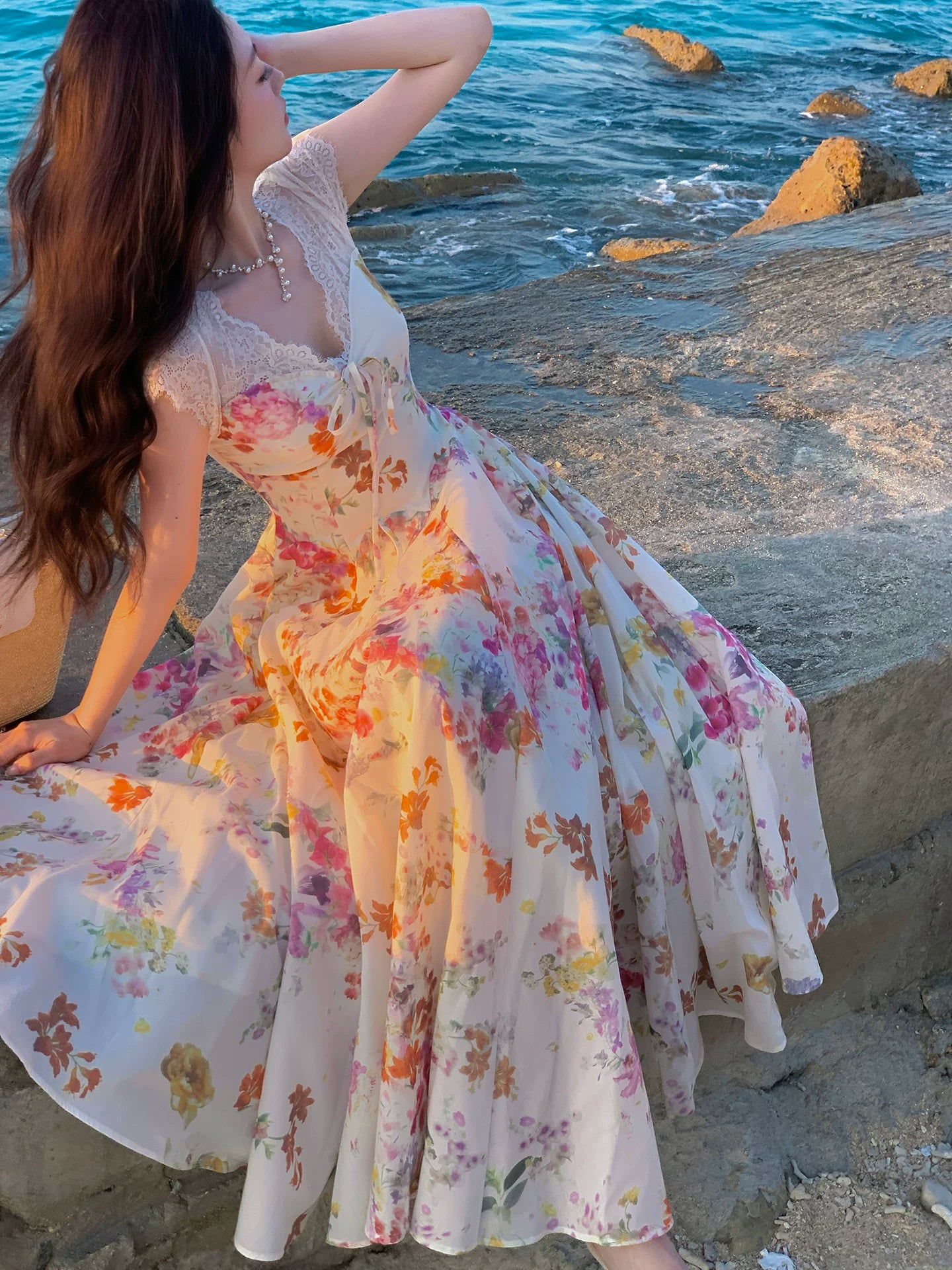 Französischer Stil A-Linie V-Ausschnitt Blumen Chiffon Ideen Für Damen 18. Beeindrucken Sommer Strand Abschlussball Geburtstagskleider Abendnacht Outfit MP274