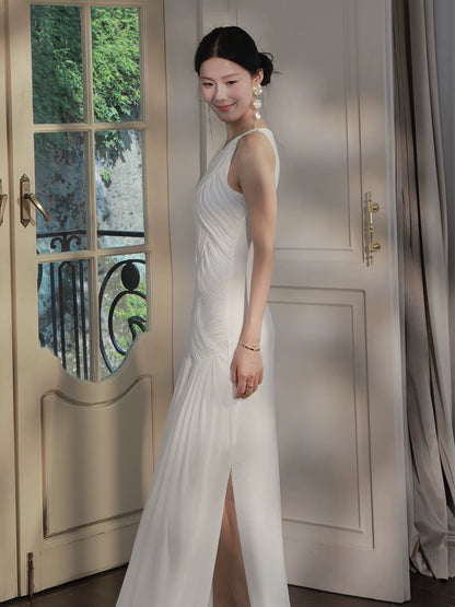 Simple Sheath Scoop Neck White Pleated Ideas For Women 18th Birthday Dress Evening Night Dresses MP104