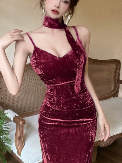 Robes de soirée mi-longues en velours à fines bretelles pour femmes, robes de cocktail, tenues de soirée MP204
