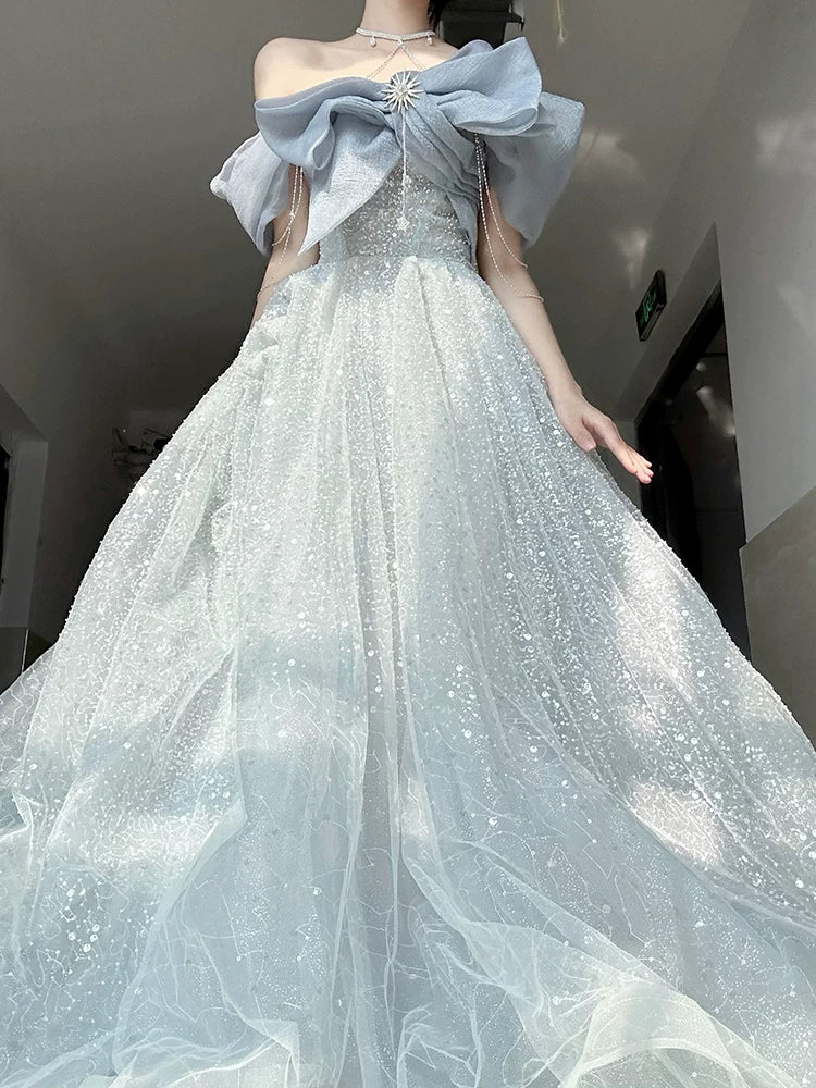 Elegantes A-Linien trägerloses staubblaues, bodenlanges ärmelloses Abendkleid für Hochzeitsbankette und Ausgeh-Outfits MP149
