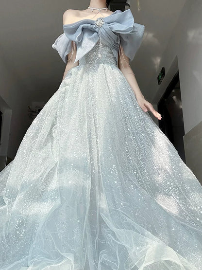 Elegantes A-Linien trägerloses staubblaues, bodenlanges ärmelloses Abendkleid für Hochzeitsbankette und Ausgeh-Outfits MP149