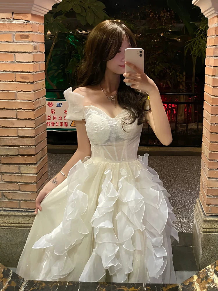 Longue robe de quinceañera à volants, coupe boule, épaules dénudées, en mousseline couleur champagne, robe de quince MP122