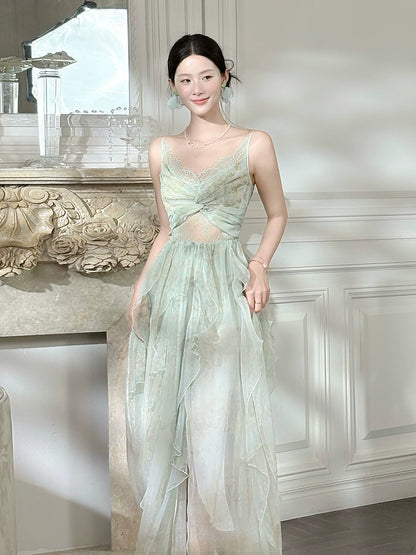 French Style Casual A Line Spaghetti Strap Green Chiffon Floral Ideas For Women 21st Impress Birthday Dress Evening Night Outfit MP130