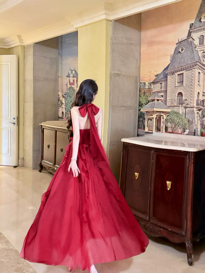 Simple A line French Style Halter Red Chiffon Ideas For Women 18th Impress Birthday Dress Evening Night Outfit MP143
