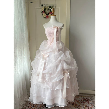 Niedliche lange, gestufte Quinceañera-Kleider, Ballkleid, trägerlos, perlmuttrosa Organza, langes Sweet 16 Kleid, Quinceañera-Kleid MP155