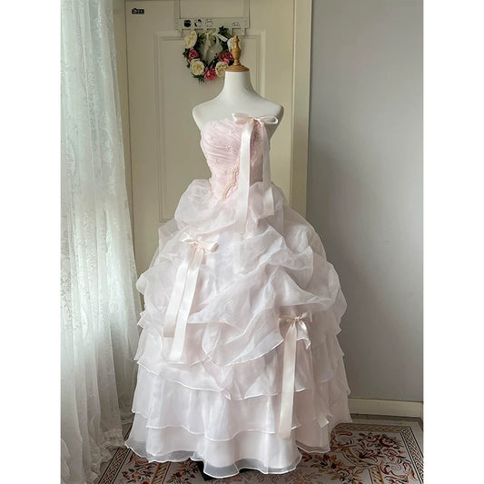 Niedliche lange, gestufte Quinceañera-Kleider, Ballkleid, trägerlos, perlmuttrosa Organza, langes Sweet 16 Kleid, Quinceañera-Kleid MP155