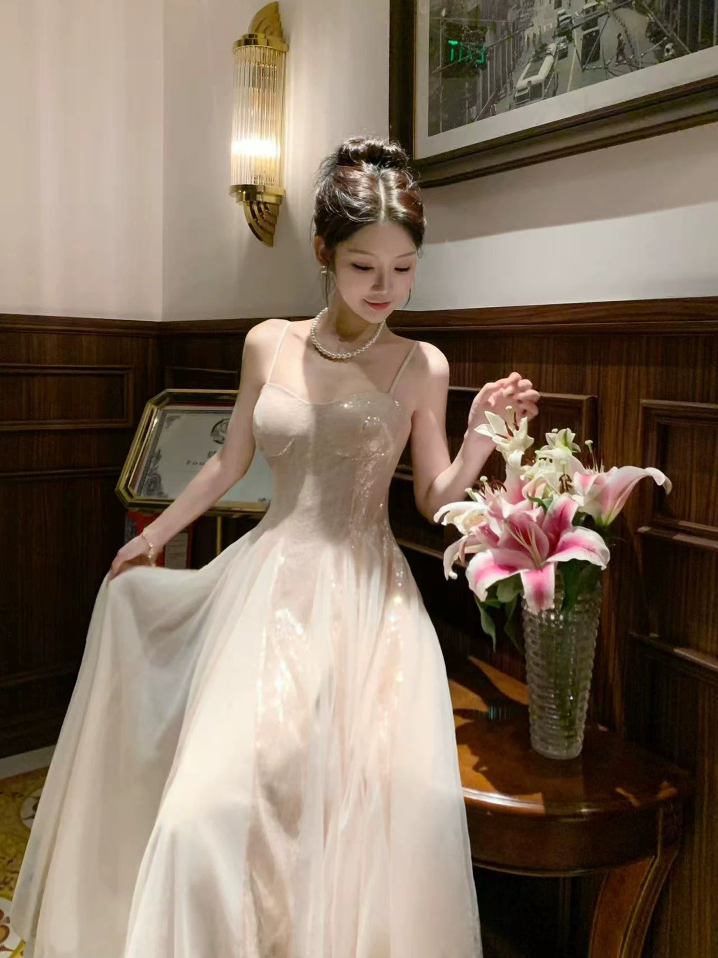 Élégante Robe de Soirée Rose Poudré à Paillettes et Bretelles Fines, Coupe Évasée, pour 18ème Anniversaire, Robes de Fête, Tenues de Plage de Vacances MP205