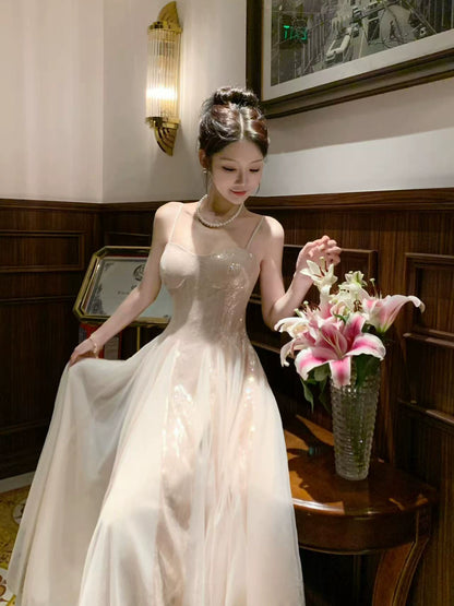 Élégante Robe de Soirée Rose Poudré à Paillettes et Bretelles Fines, Coupe Évasée, pour 18ème Anniversaire, Robes de Fête, Tenues de Plage de Vacances MP205