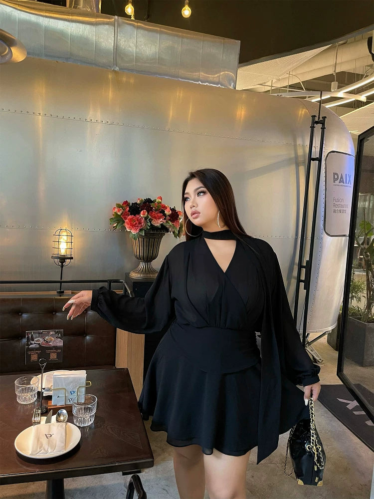 Black V-neck long-sleeved shirt dress for women plus size sexy waist-cinching slimming short holiday dress mp087