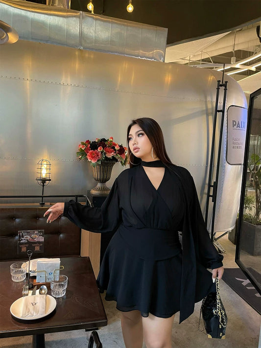 Black V-neck long-sleeved shirt dress for women plus size sexy waist-cinching slimming short holiday dress mp087