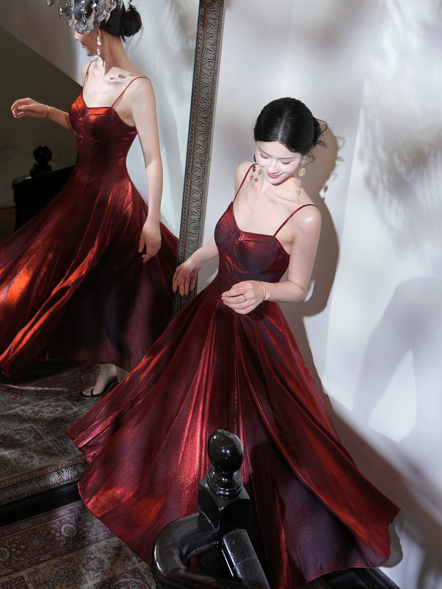 Robe de soirée élégante pour femme, style simple ligne A, fines bretelles, en satin bordeaux, idéale pour un 21e anniversaire, tenue de soirée MP102