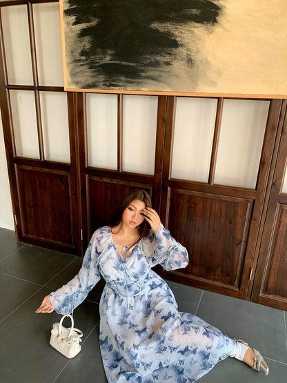 French-style V-neck blue floral long-sleeved dress for women plus size retro youthful waist-cinching slimming long holiday dress MP082