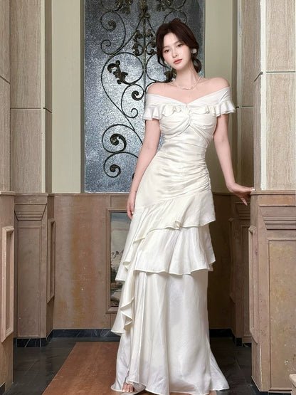 Idées de Robes de Soirée Plissées Blanches Simples Épaules Dénudées Style Sirène pour le 18ème Anniversaire de Femme, Tenues de Soirée MP111