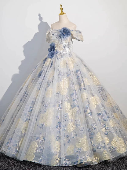 Cute Long Tiered Quinceañera Dresses Ball Gown Off The Shoulder Blue With Short Sleeves Floral Quince Dress MP152