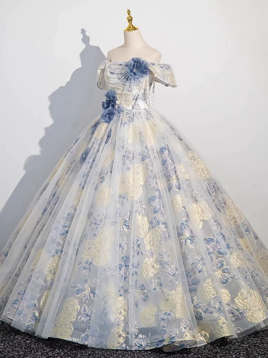 Niedliche lange, gestufte Quinceañera-Kleider, Ballkleid, schulterfrei, blau mit kurzen Ärmeln, geblümtes Quince-Kleid MP152