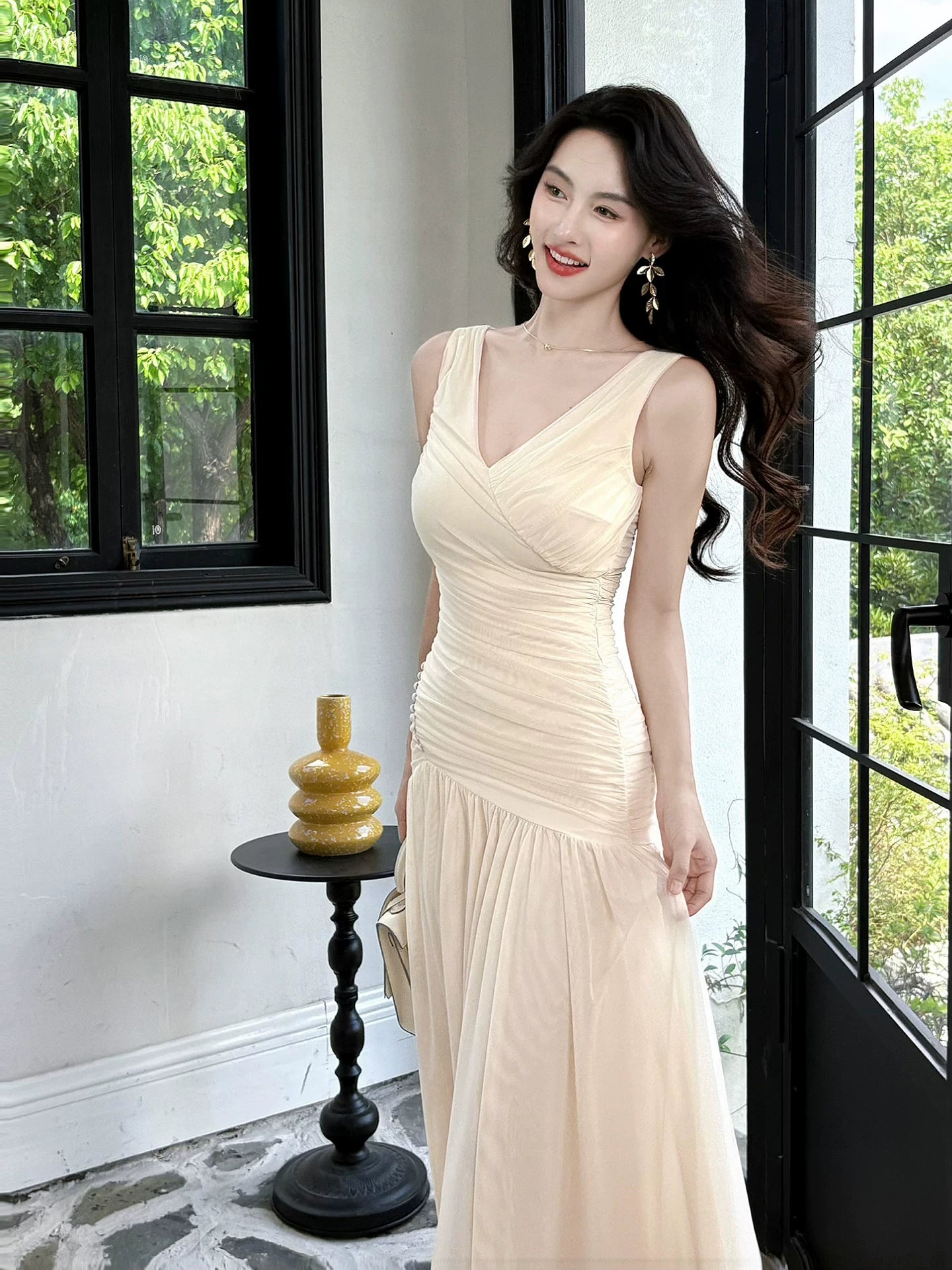Simple Mermaid V Neck White Pleated Ideas For Women 18th Birthday Dress Evening Night Outfits MP105