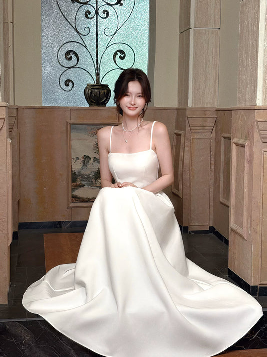 Cheap A Line Spaghetti Strap White Satin Ideas For Women 21st Impress Birthday Dress Evening Night Outfit MP116