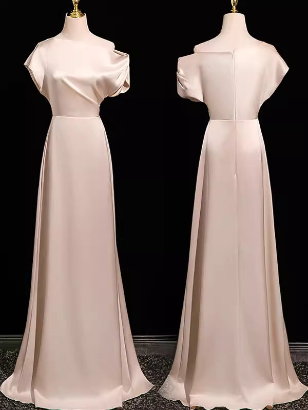 Schlichtes A-Linien-Brautjungfernkleid aus rosafarbenem Satin, bodenlang, für Frühling/Sommer MP163