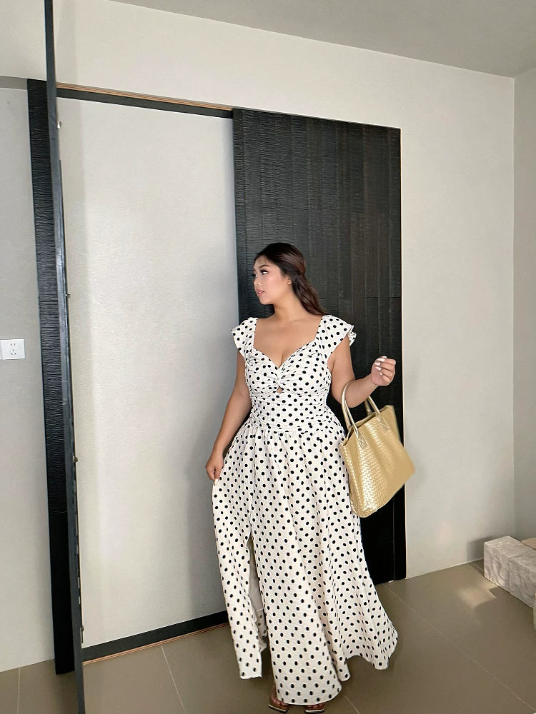 French-style high-end polka dot dress new summer style plus size waist-cinching slimming slit maxi dress for beach vacation mp088