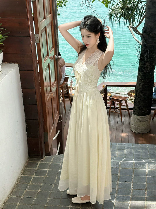 Französischer Stil A-Linie V-Ausschnitt Spitze Elfenbein Chiffon Ideen für Frauen zum 21. Geburtstag beeindrucken Abend-Nacht-Outfit MP147