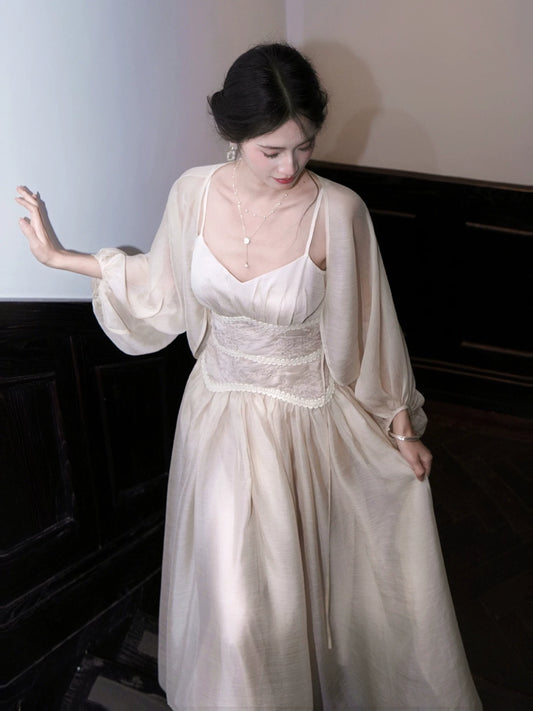 Schlichtes A-Linien-Kleid im französischen Stil mit Spaghettiträgern in Elfenbein – Ideen für Damen, 18. Geburtstag, Abendgarderobe, Ausgeh-Outfit MP145