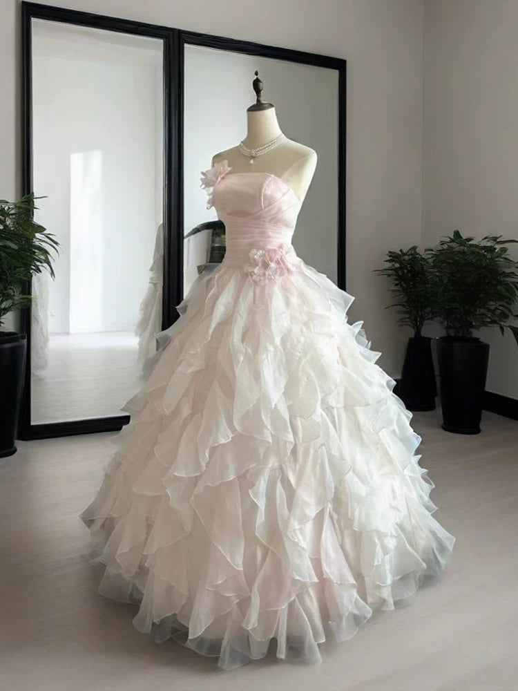Robes de Quinceañera longues et mignonnes à plusieurs niveaux Robe de bal bustier en tulle rose MP124