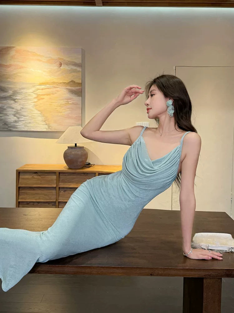 Enges Spaghettiträger Brautjungfernkleid in Blau für Damen Partykleider Abend Outfits MP197