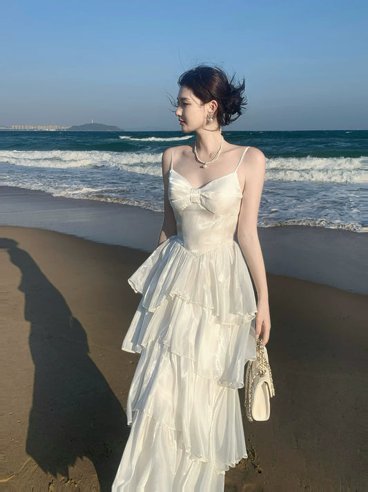 Französische Stil A-Linie Spaghettiträger Weiß Ideen für Frauen 21. Geburtstag Beeindrucken Sommer Strand Abschlussball Geburtstagskleid Abend Nacht Outfit MP267