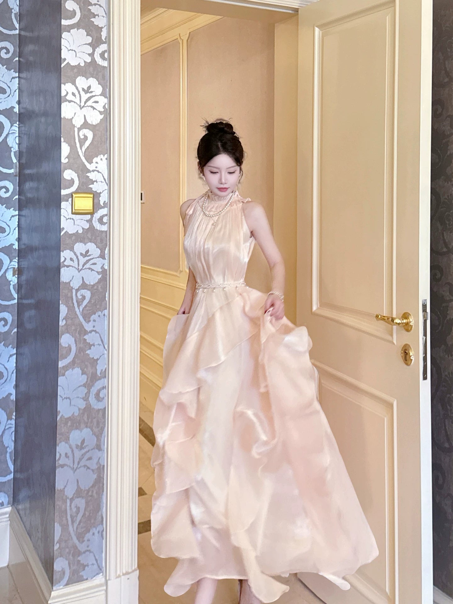 Robe longue rose style décontracté à col haut et ligne A pour femme, idéale pour un 18e anniversaire, une soirée ou une sortie, MP148