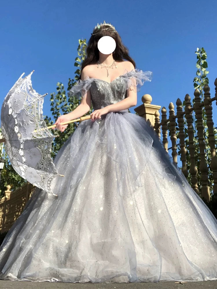 Elegant Ball Gown Off The Shoulder Blue With Sequin Sleeves Full Length Long Evening Gown Wedding Banquets Night Dresses MP153