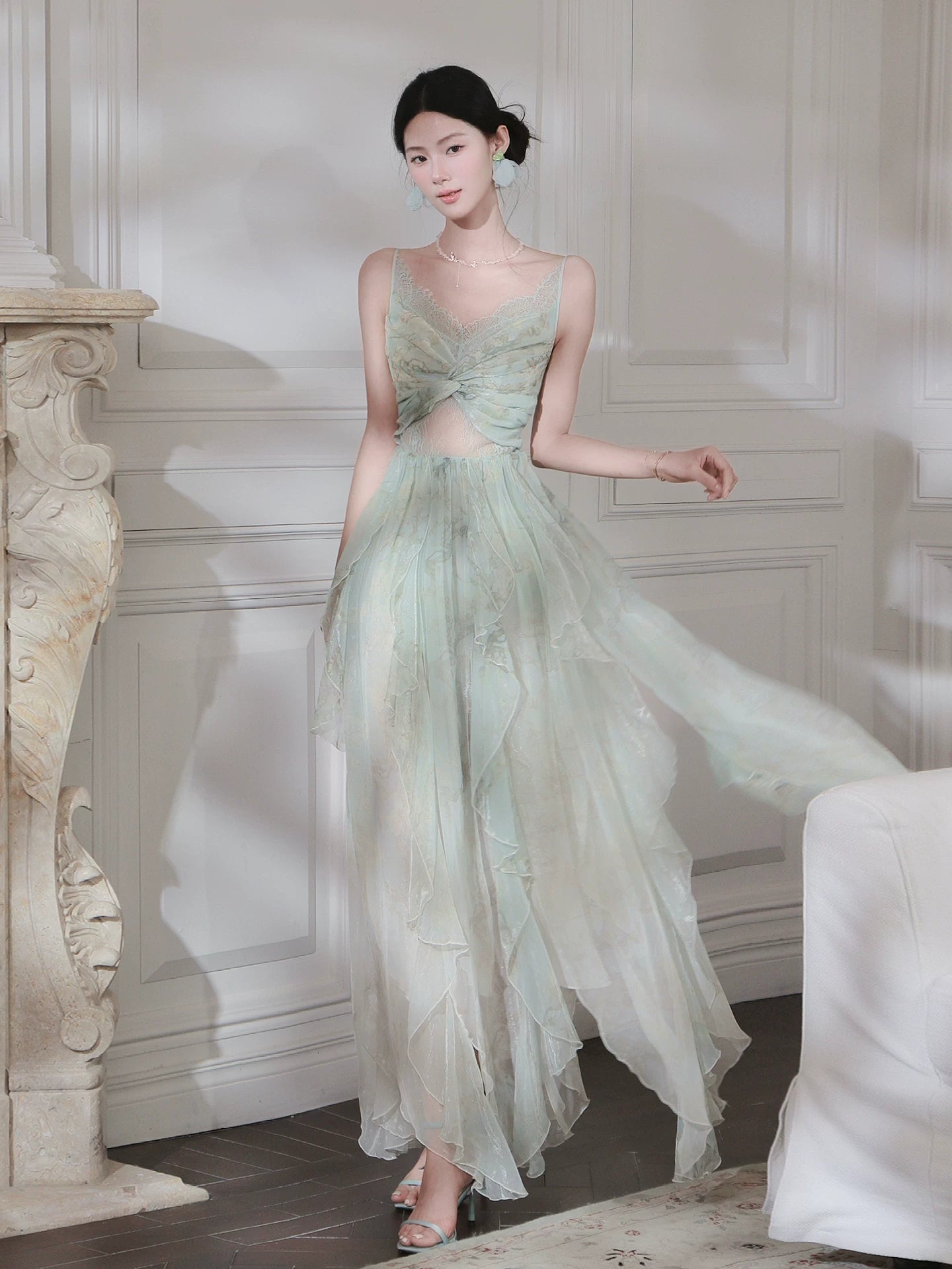 French Style Casual A Line Spaghetti Strap Green Chiffon Floral Ideas For Women 21st Impress Birthday Dress Evening Night Outfit MP130