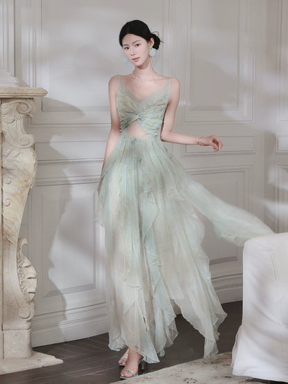 French Style Casual A Line Spaghetti Strap Green Chiffon Floral Ideas For Women 21st Impress Birthday Dress Evening Night Outfit MP130