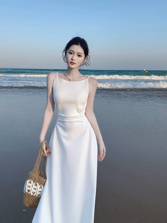 Französischer Stil A-Linie Spaghettiträger Weiß Ideen für Frauen 18. Beeindruckendes Sommer Strand Ball Geburtstagskleid Abend Nacht Outfit MP273