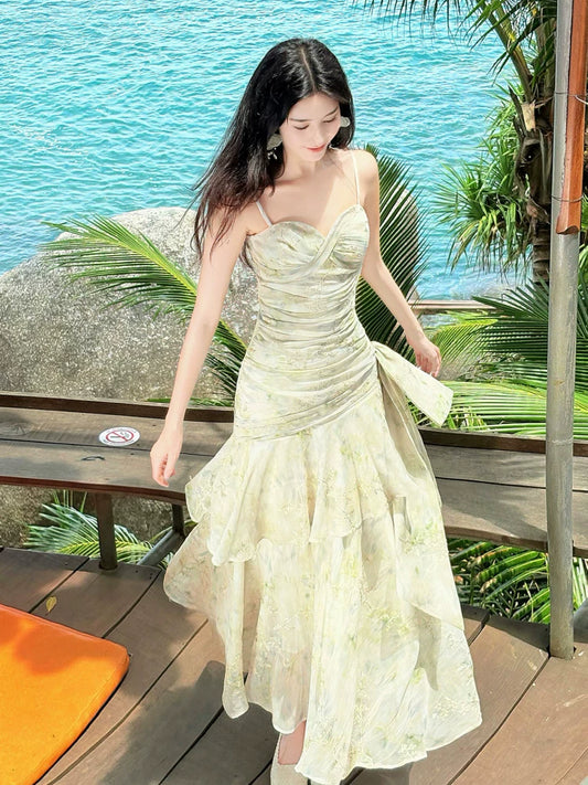 Charming Mermaid Spaghetti Strap Green Floral Chiffon 18th Birthday Gown For Women Party Dresses Holiday Beach Outfits MP214