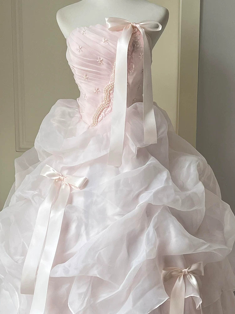 Niedliche lange, gestufte Quinceañera-Kleider, Ballkleid, trägerlos, perlmuttrosa Organza, langes Sweet 16 Kleid, Quinceañera-Kleid MP155