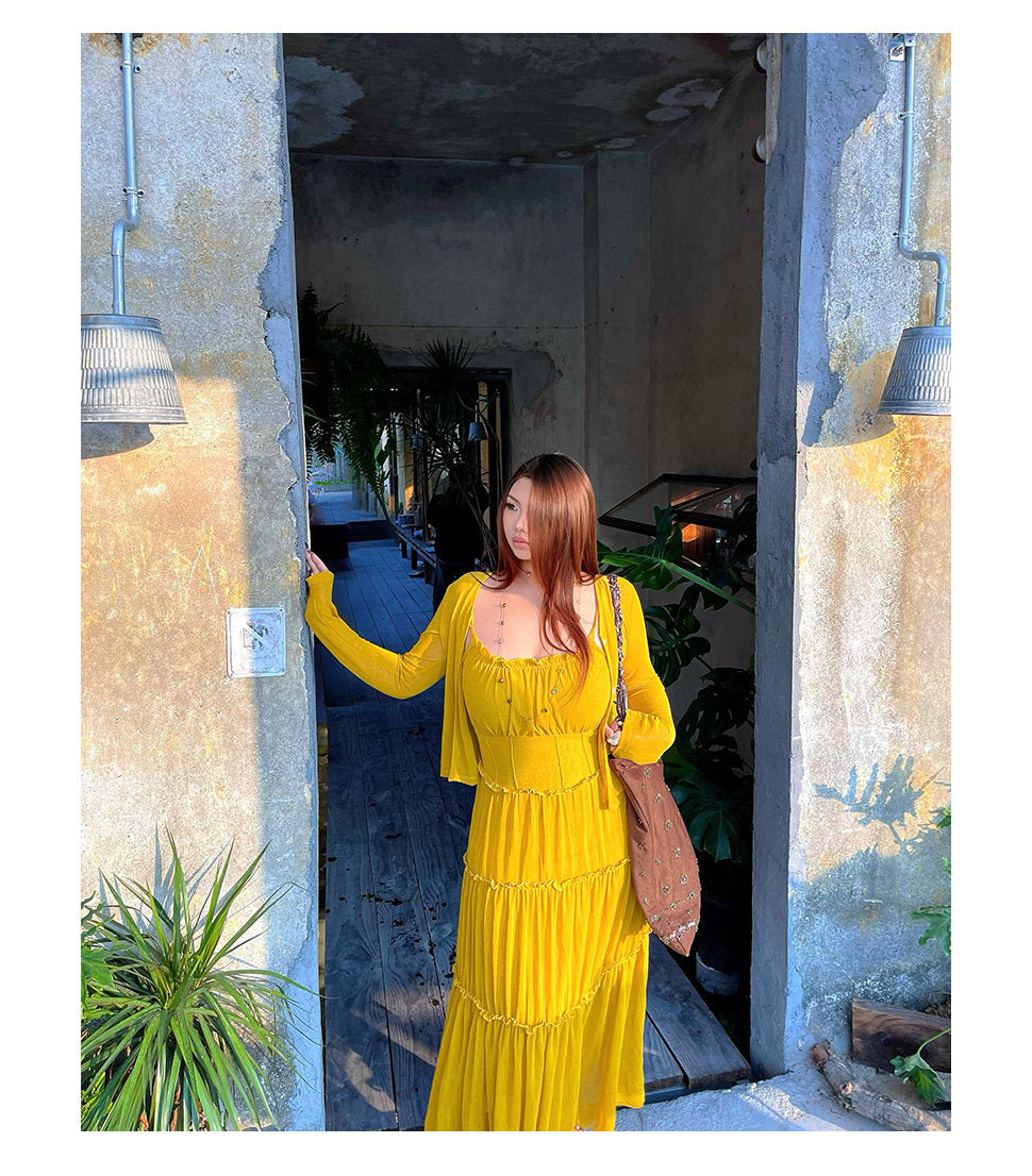 Sexy, figurschmeichelndes, gelbes Spaghettiträger-Maxikleid für große Größen, ärmelloses, langes Urlaubskleid MP081