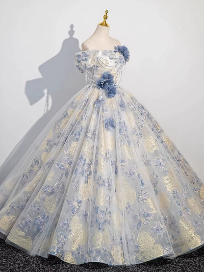 Cute Long Tiered Quinceañera Dresses Ball Gown Off The Shoulder Blue With Short Sleeves Floral Quince Dress MP152