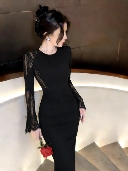 Sexy Sirène Col Rond Dentelle Noire Robes de Soirée de Mariage pour Femmes Robes de Soirée Printemps Tenues de Soirée Longues MP173