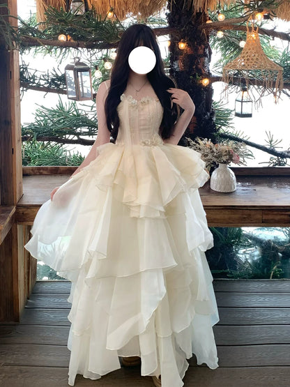 Elegant Ball Gown Spaghetti Strap Champagne Full Length Long Evening Gown Wedding Banquets Night Dresses MP159