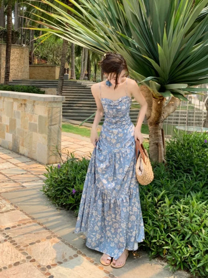 Sexy A-Linien Spaghettiträger Blumenmuster Blau Rückenfrei Langes Geburtstagskleid Für Damen Partykleider Lange Urlaub Strand Outfits MP181