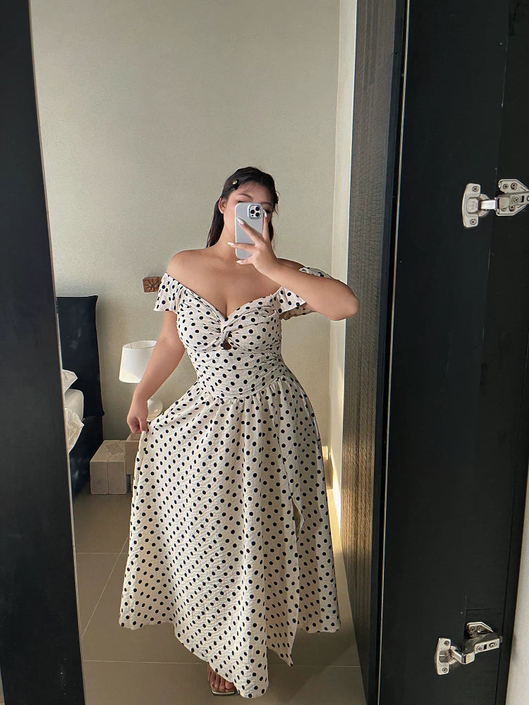 French-style high-end polka dot dress new summer style plus size waist-cinching slimming slit maxi dress for beach vacation mp088