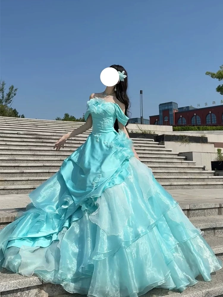 Cute Long Tiered Quinceañera Dresses Ball Gown Off The Shoulder With Short Sleeves Blue Quince Dress MP126